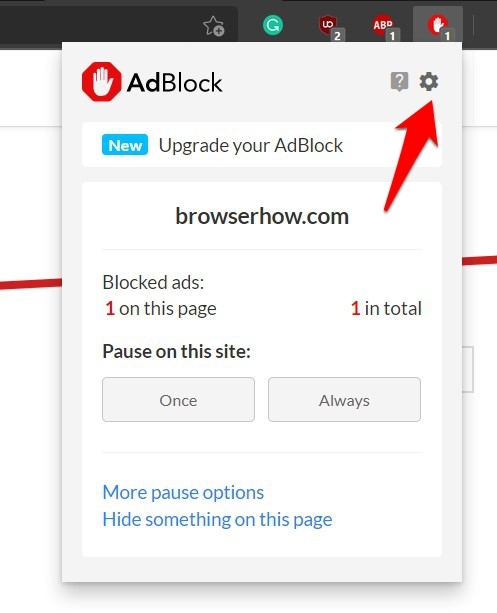 AdBlock extension Settings menu icon