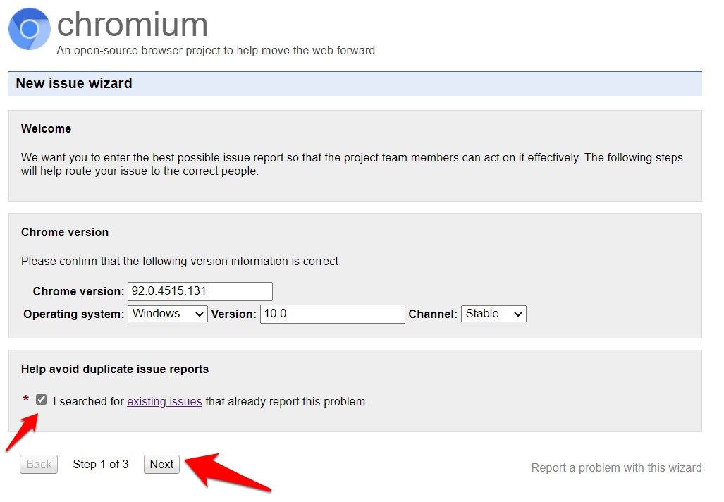 Chromium Bugs Report New Issue Wizard