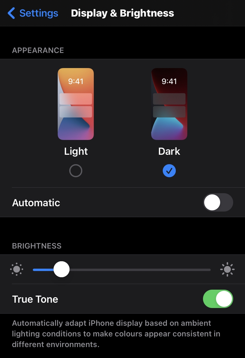 Dark Display and Brightness Settings in Apple iPhone
