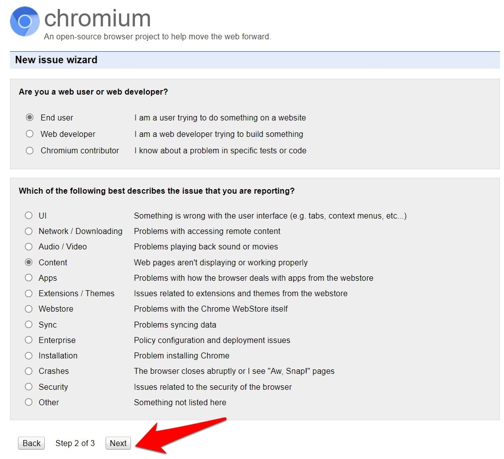 New issue wizard Chrome Report page 2