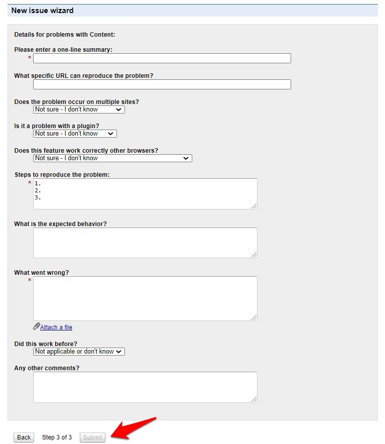 Report Bugs Details and Steps to Reproduce and Hit Submit