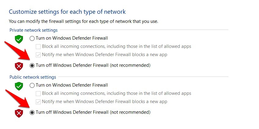 Turn off Windows Defender Firewall