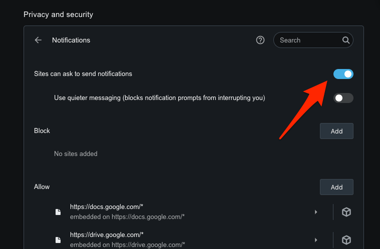Allow sites can ask to send notifications pop-up in Opera browser