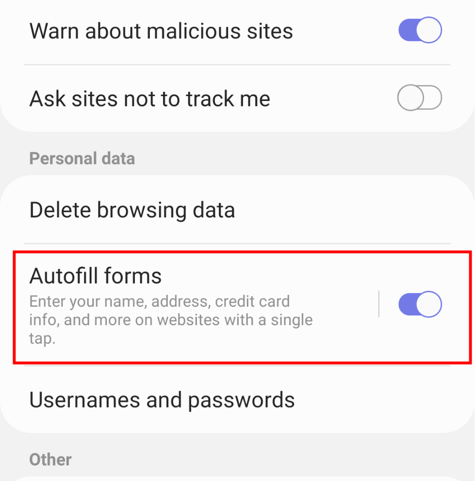 Autofill forms option on Samsung Internet