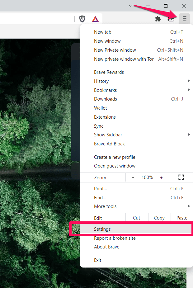Brave browser Settings menu option