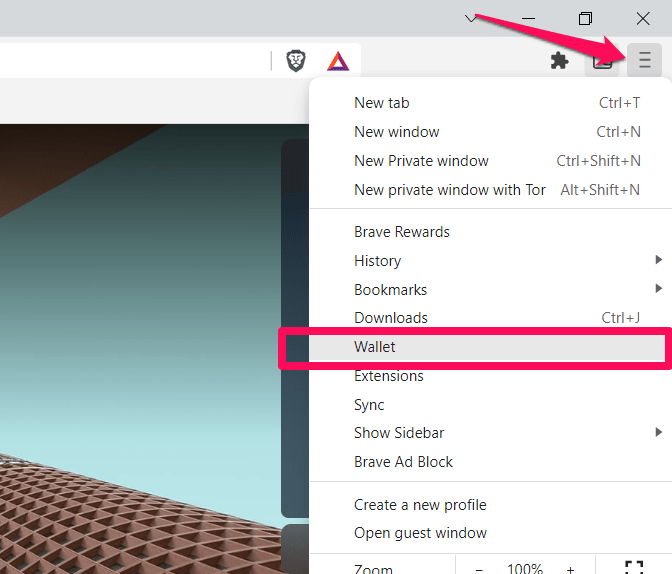 Brave Wallet menu in Brave Computer Browser