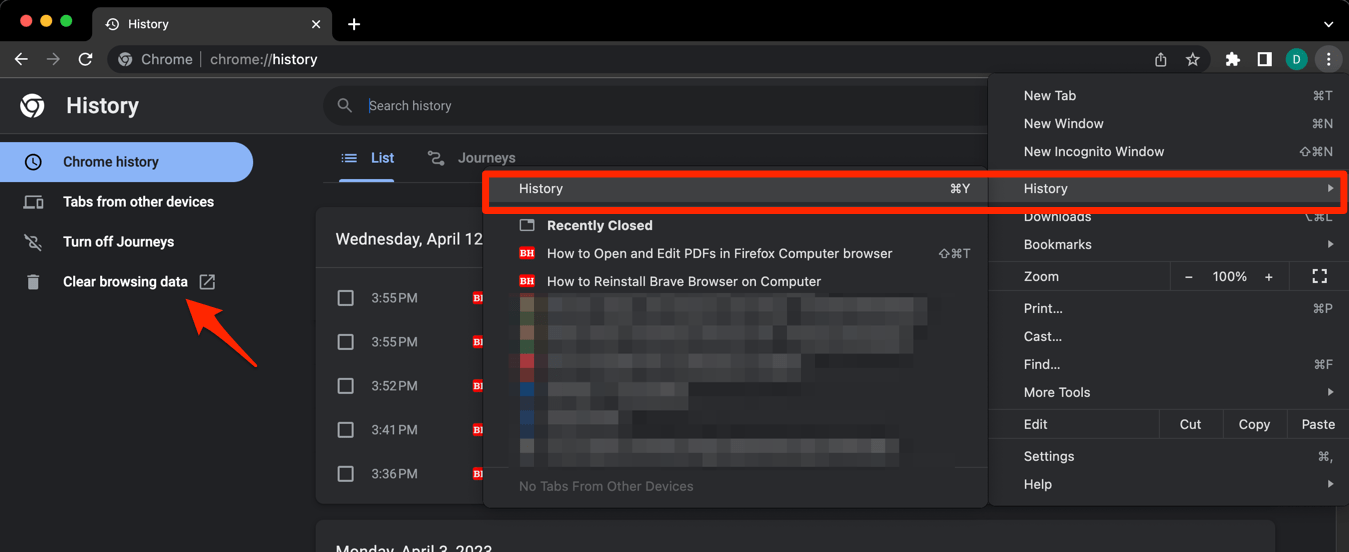 Chrome History page and Options menu in the computer browser