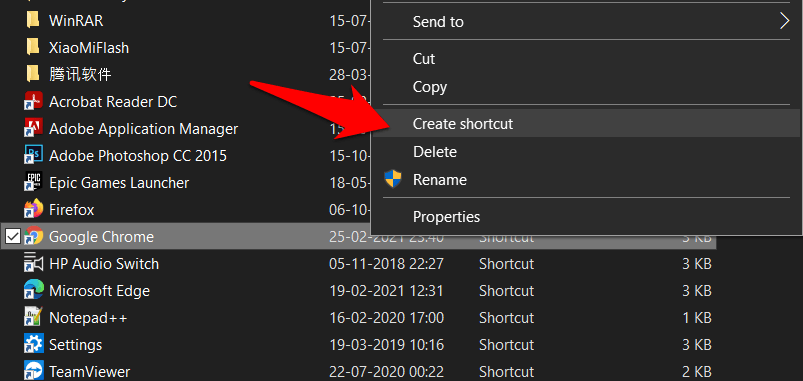 Create Shortcut menu option for Windows Chrome App