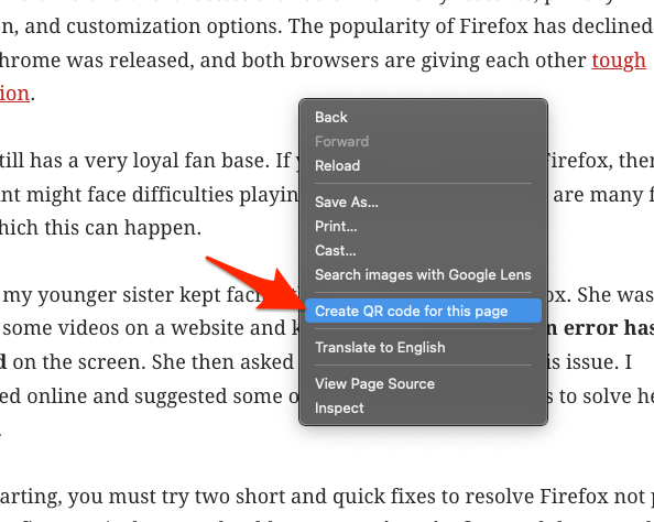 Create QR code for this page option in Google Chrome for Computer