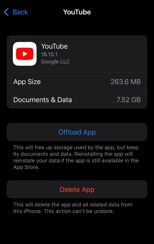 Delete App and Offload App command in iPhone Settings