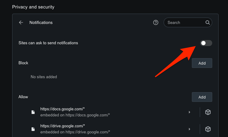 Disable sites can ask to send notifications pop-up in Opera computer