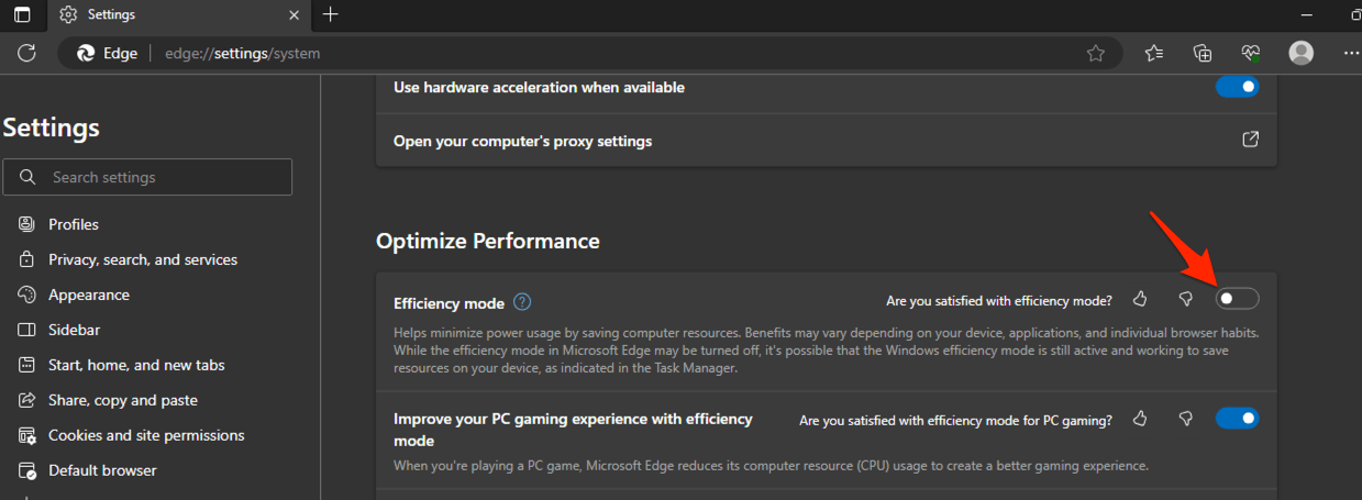 Efficiency Mode toggle button in Edge browser on Windows PC