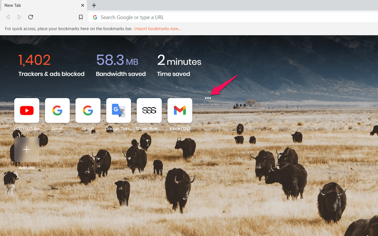 More menu on top site link on Brave Home Screen
