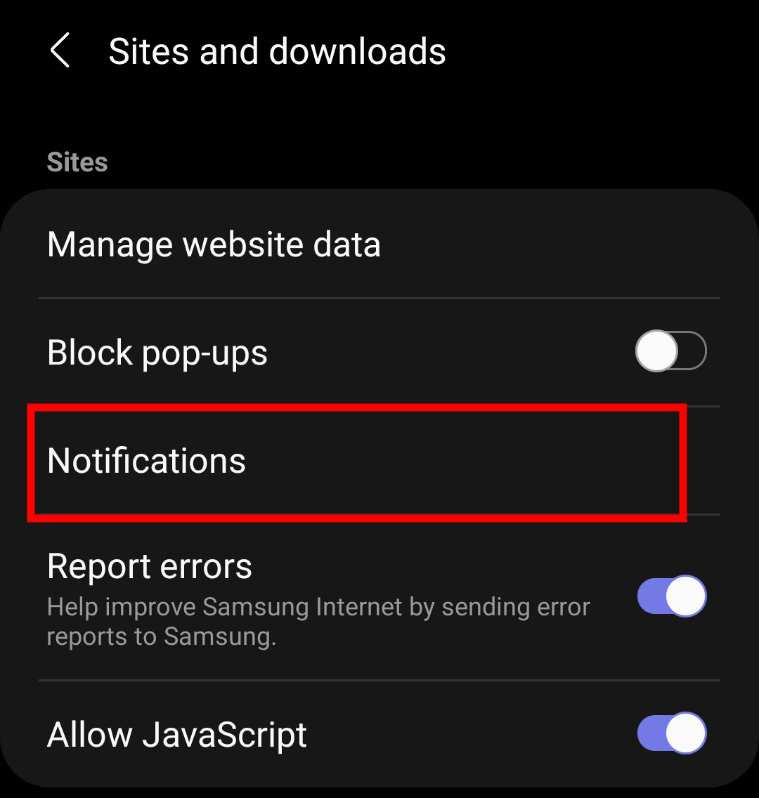 Notification tab in Samsung Internet