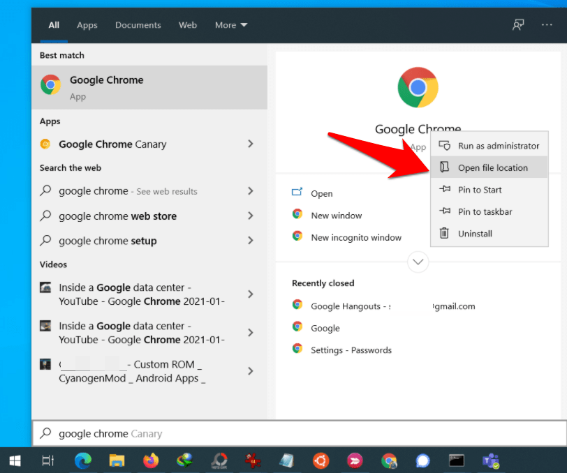 Open File Location menu option in Windows