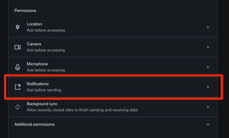 Opera Site Settings Notifications tab