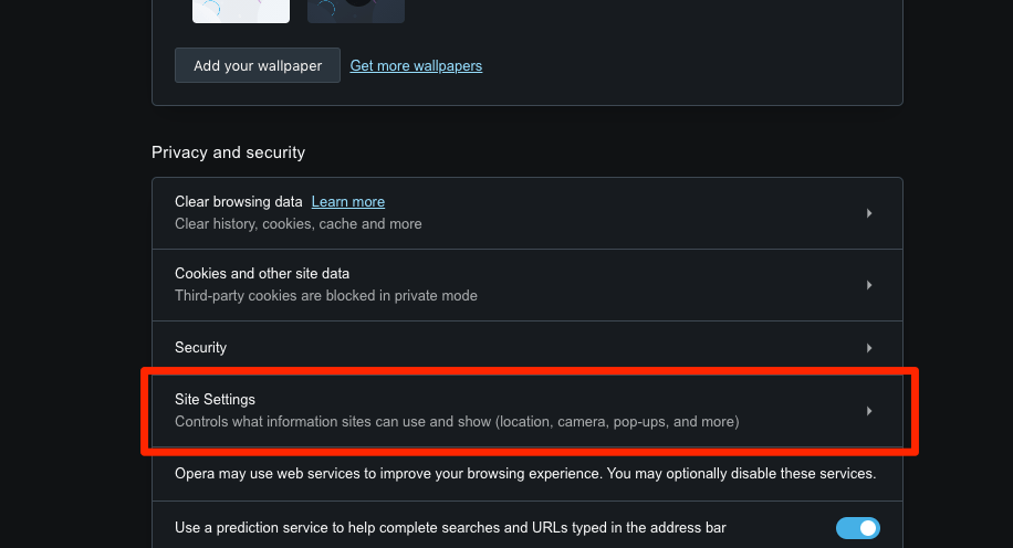 Opera Site Settings Tab in Computer