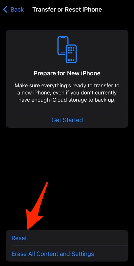 Reset iPhone command on Transfer or Reset iPhone page