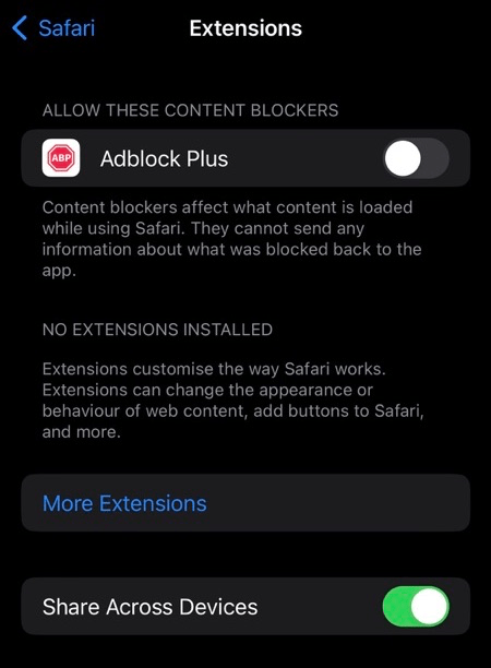 Safari iPhone Extensions page