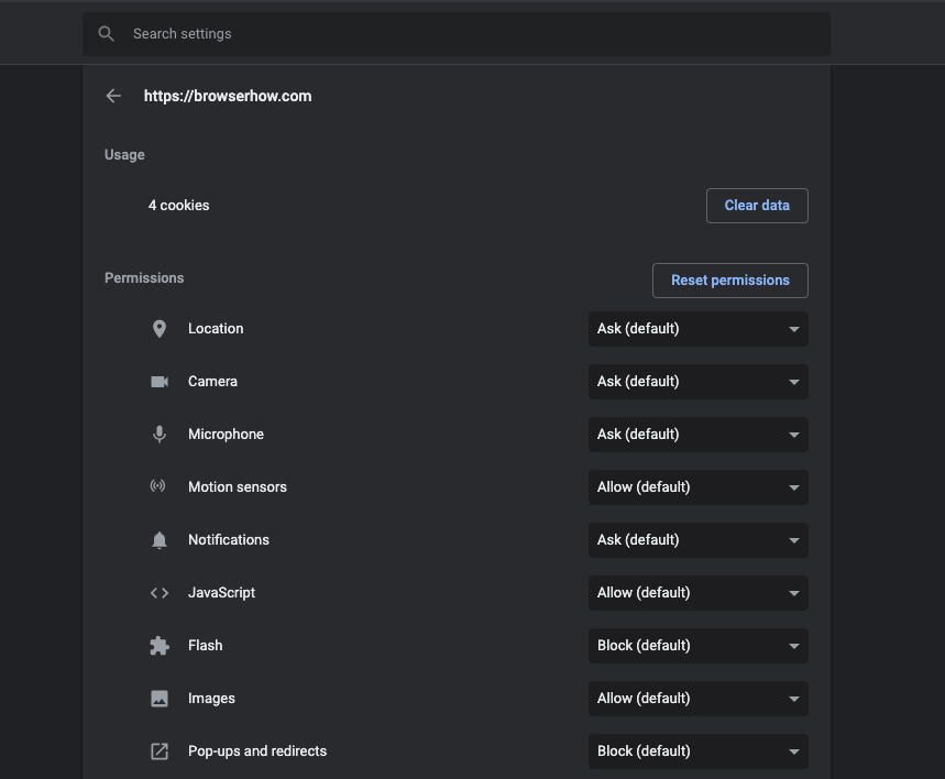 Site Settings Information and Configuration in Chrome Computer