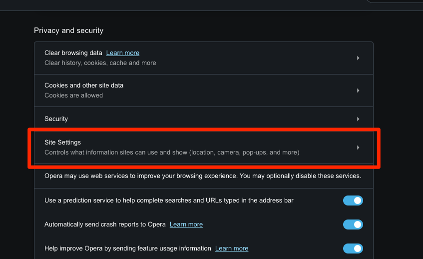 Site Settings menu in Opera Computer browser